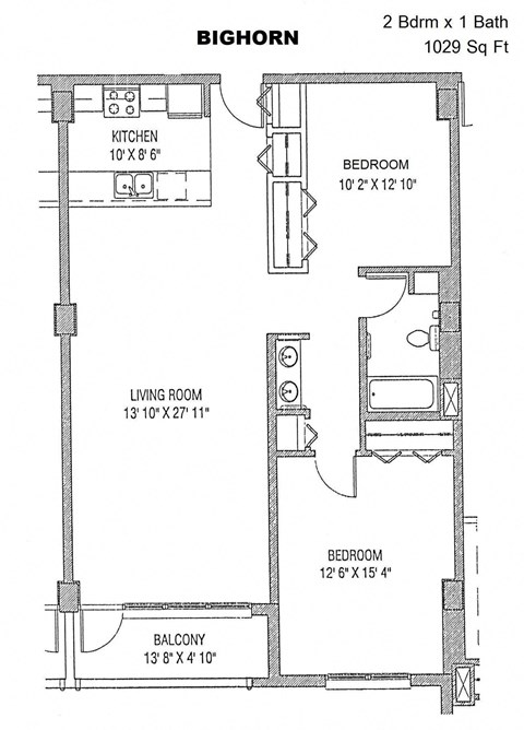 Floor plan for 2 beds, 1 bath, 1029 sqft